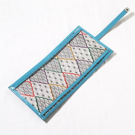 マスクケース＆携帯スプレーボトルカバー　ギフトセット　レザー　抗菌仕様　アクアブルー　着物リメイク
