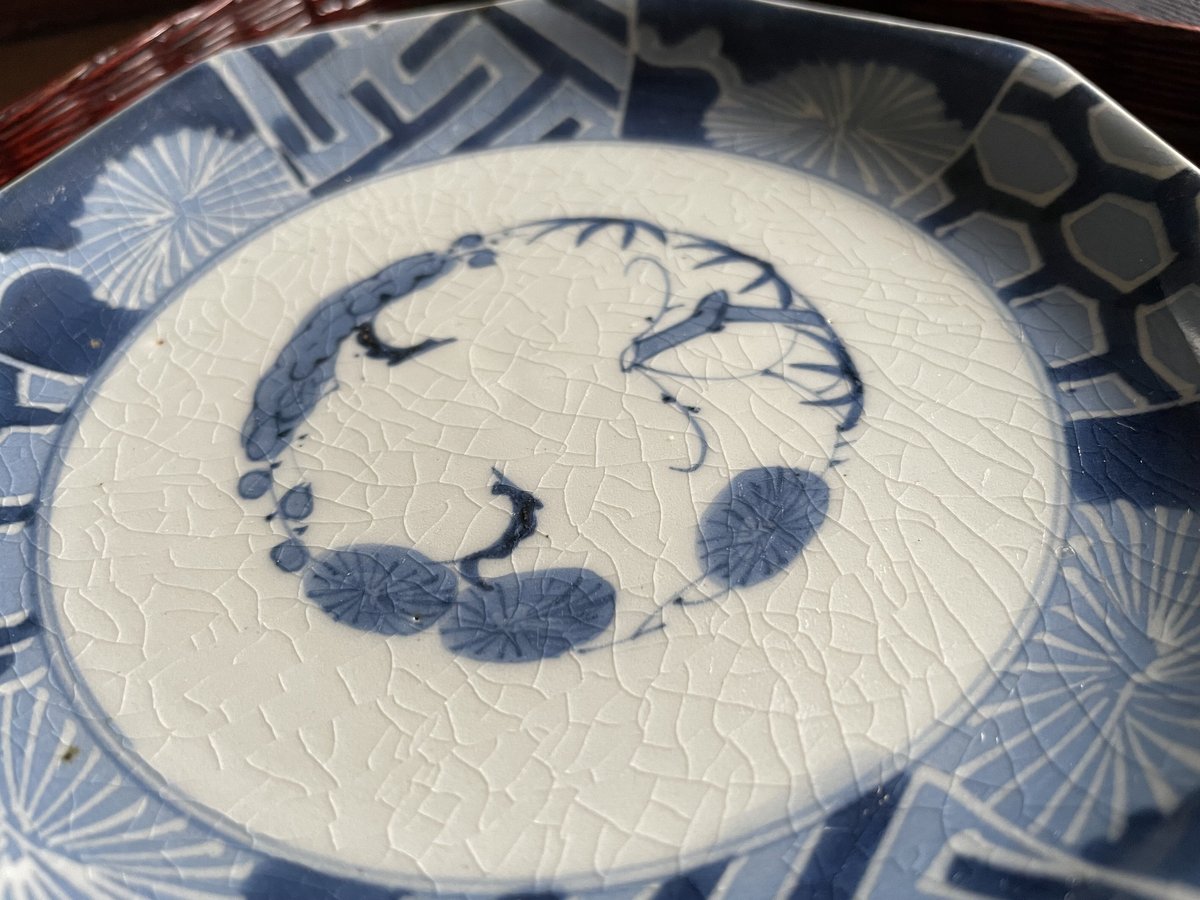 古伊万里線描菊花紋隅切り角皿 古伊万里線描菊花紋隅切り