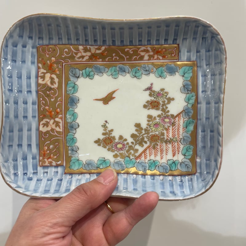 古伊万里 扇面皿 錦手 手描き 松菊に鳥の図 変形皿 3客 幕末～明治