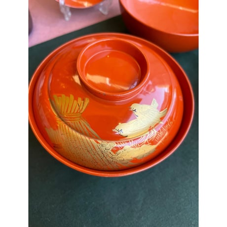 輪島塗　朱塗り吸物椀　稲穂雀文様　大正昭和初期