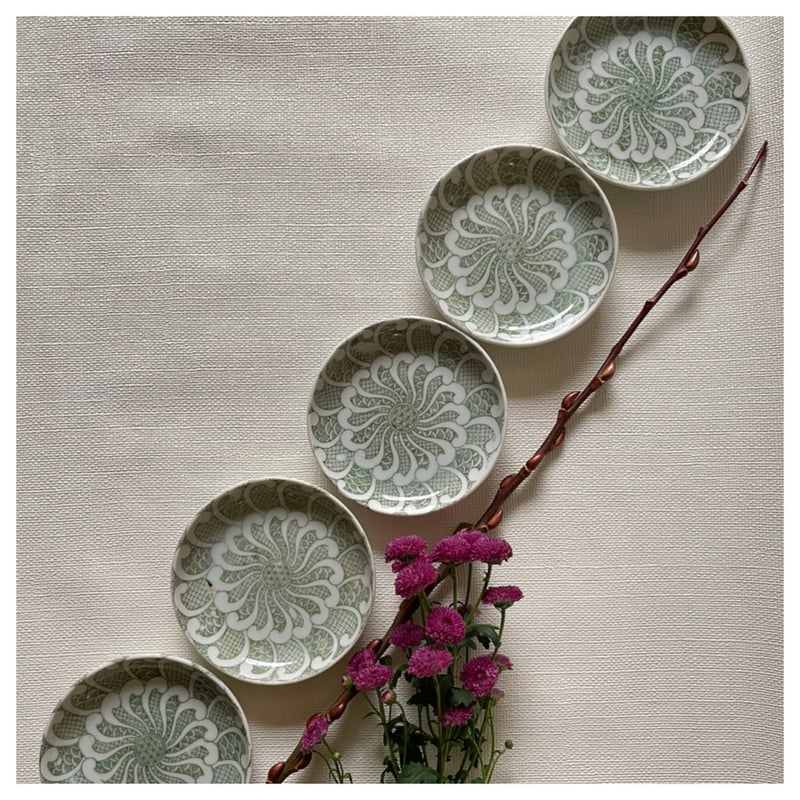 印判小皿 緑波絞り捻り文様 明治時代 | れいゆぅる rayures