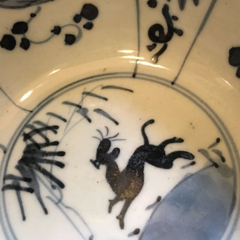 瀬戸焼　織部薄端　30cm　明治〜昭和初期 瀬戸焼 小鉢 横見松竹梅動物文様 大正昭和初期 | れいゆぅる rayures