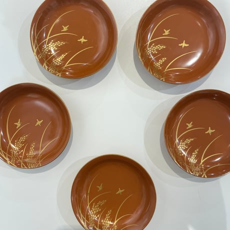 輪島塗　色漆菓子皿　稲穂雀文様　大正昭和初期