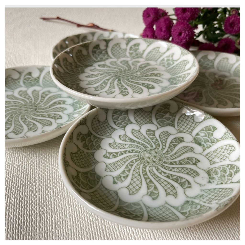 印判小皿 緑波絞り捻り文様 明治時代 | れいゆぅる rayures