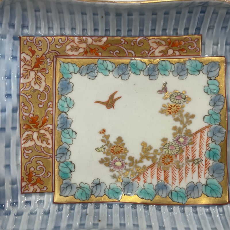 角皿 変形皿 色絵付 金彩 鳥 燕 鷺 波 自然風景 おもと 植物 古伊万里