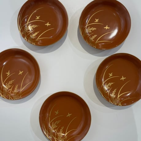 輪島塗　色漆菓子皿　稲穂雀文様　大正昭和初期