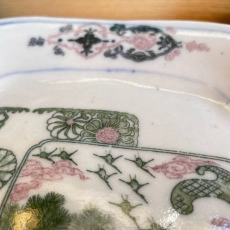 印判皿　長角花型　鶴波松華文様　明治大正時代