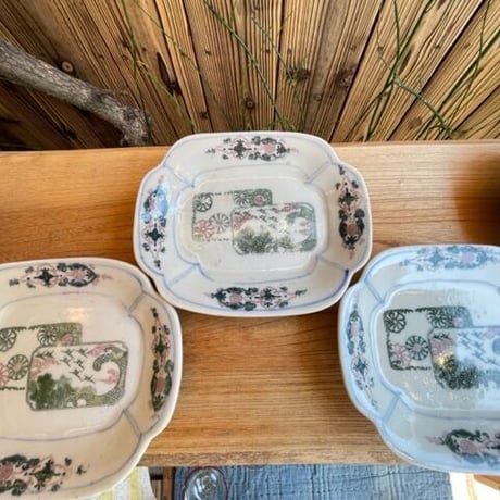 印判皿　長角花型　鶴波松華文様　明治大正時代