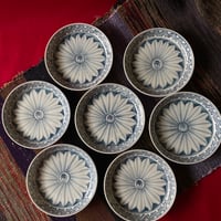 染付京焼　細線壽よろけ縞菊文様　小皿　秋峰窯　四寸/三寸