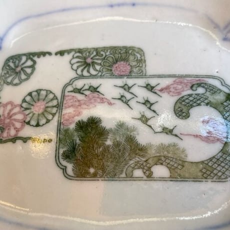 印判皿　長角花型　鶴波松華文様　明治大正時代