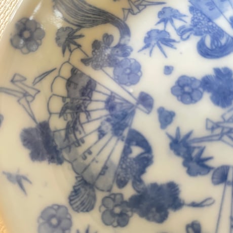 伊万里印判小皿　扇折鶴文様　明治時代
