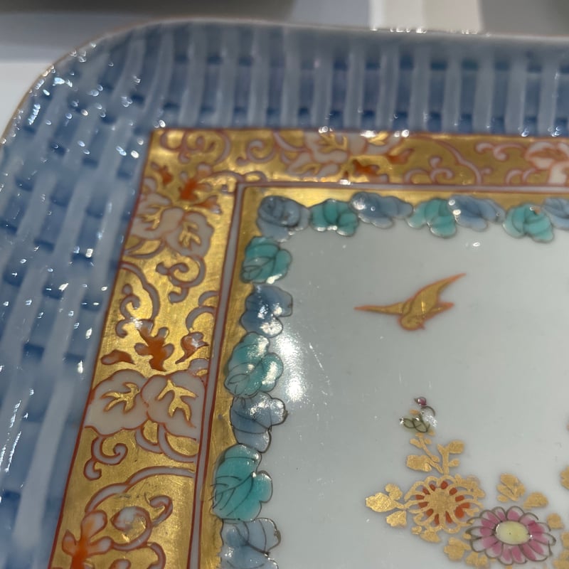 古伊万里 色絵花鳥図輪花形七寸皿 5枚 松竹梅 裏巻物文様 金蘭手 赤絵