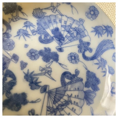 伊万里印判小皿　扇折鶴文様　明治時代
