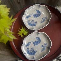 京焼　染付木瓜型変形皿　花蝶文様　大正昭和初期