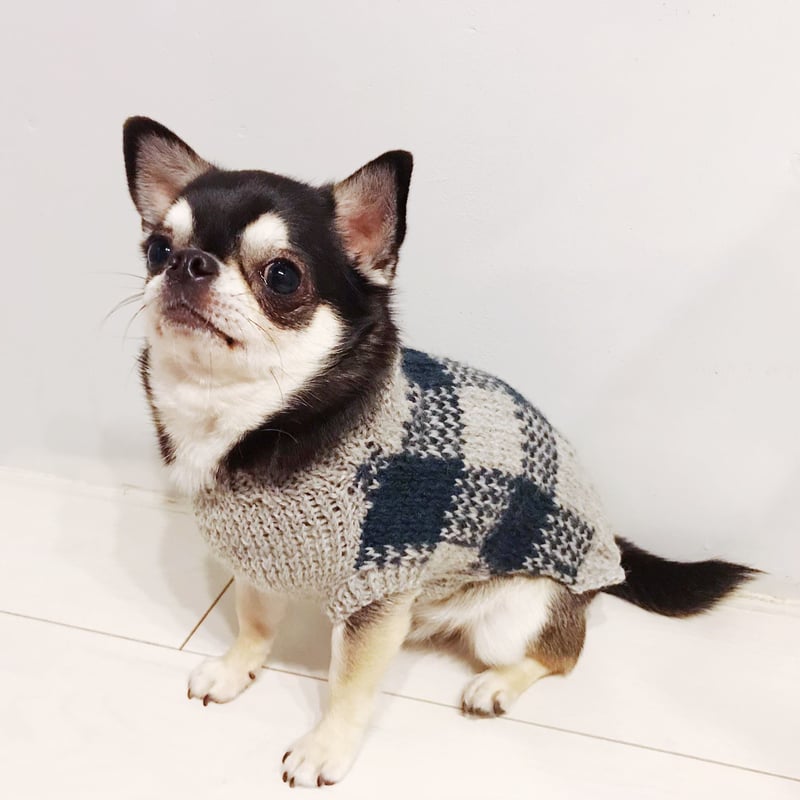 手編みチェック柄ニット | Dog clothes TAKE