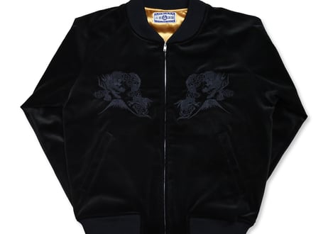 【10月発送】別珍黒刺繍】三笠謹製 オリジナル別珍スカジャン 花龍 綿無薄手 日本製べっちん 横須賀