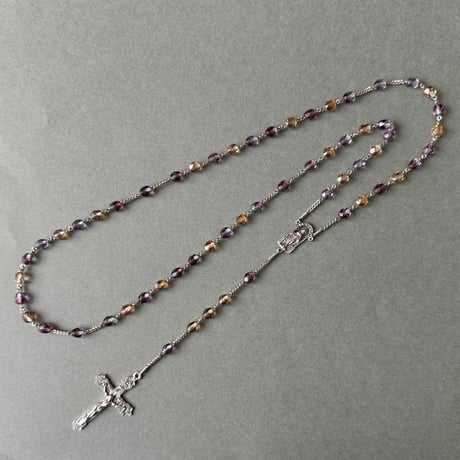＊透かしアーチの不思議のメダイ＊チェコガラスの5連ロザリオ（ダブルパープル×クリスタルセルシアン）