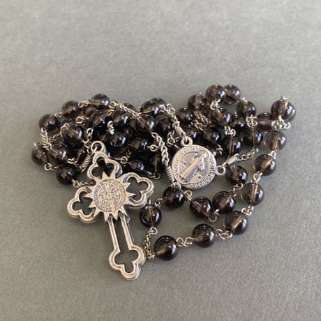 ＊聖ベネディクト＊スモーキークォーツの5連ロザリオ