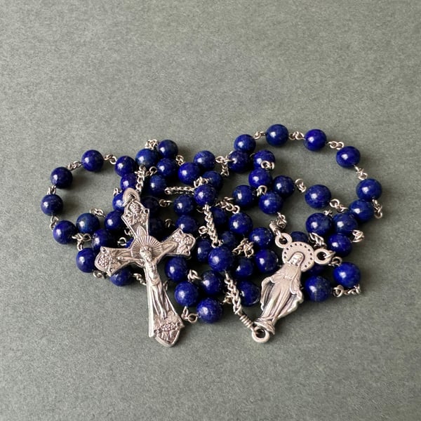 カトリック　天然石　ラピスラズリ　手編みロザリオ　長崎編み カトリック天然石ラピスラズリ手編みロザリオ長崎編み