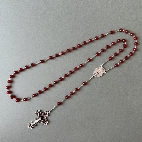 ＊赤いエナメルのクロスと薔薇の不思議のメダイ＊赤瑪瑙（メノウ）の5連ロザリオ