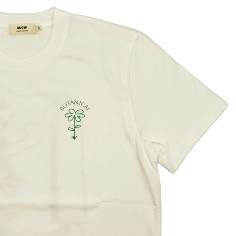 OLOW（オロウ） Tシャツ バックプリント 植物のイラスト  ホワイト 白ｘグリーン オーガニックコットン100% ゆったりシルエット【サイモン・ランドレイン】（OL612001-01）
