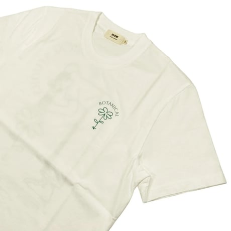 OLOW（オロウ） Tシャツ バックプリント 植物のイラスト  ホワイト 白ｘグリーン オーガニックコットン100% ゆったりシルエット【サイモン・ランドレイン】（OL612001-01）