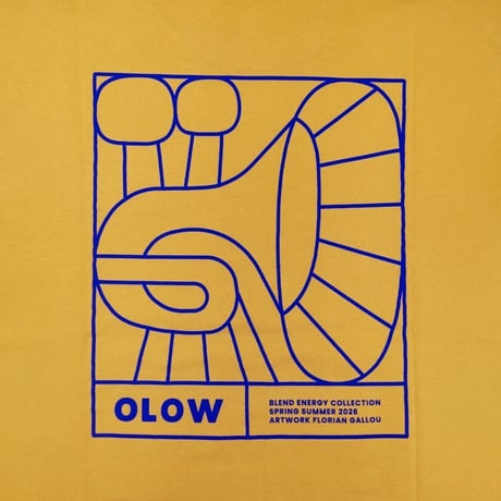 OLOW（オロウ） Tシャツ バックプリント 楽器イメージのイラストマスタードｘブルー オーガニックコットン100% ゆったりシルエット【フロリアン・ガロウ】（ OL612002-20）