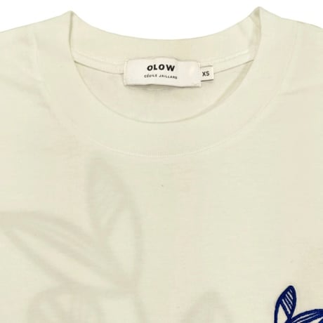 OLOW（オロウ） Tシャツ バックプリント 植物のイラストホワイトｘネイビー コットン100% 白色【セシル・ジャイヤール】（ OL512008-18 ）