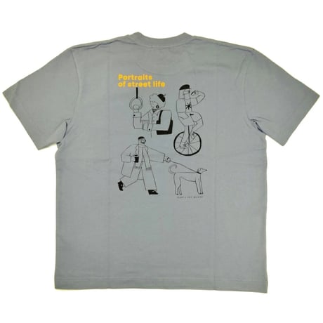OLOW（オロウ） Tシャツ バックプリント 人と犬などのイラスト ブルーグレー オーガニックコットン100% ゆったりシルエット【ケイト・マクエニフ】（OL612002-81 ）