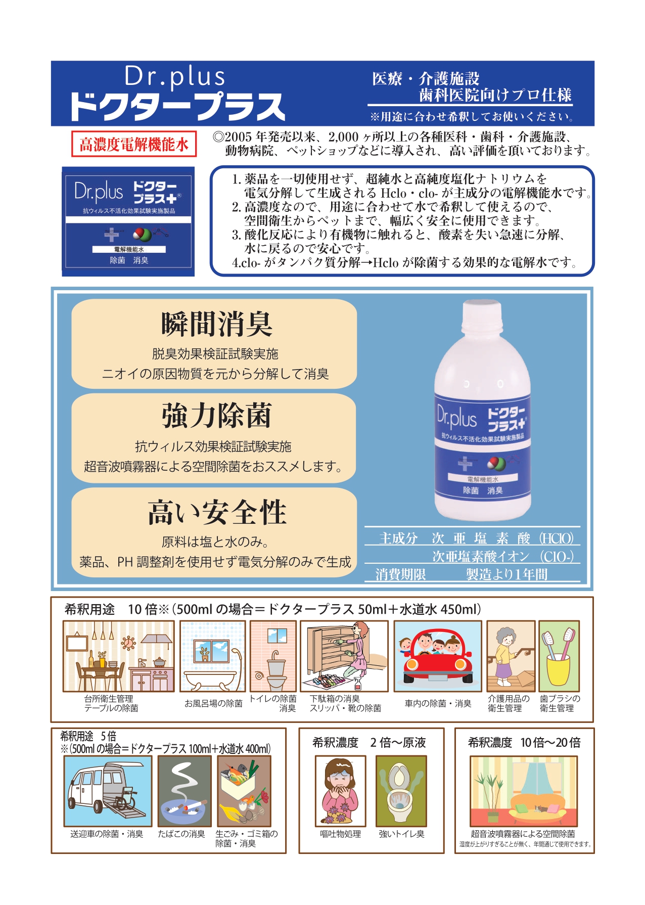 電解次亜塩素酸水ドクタープラス　原液５Ｌ　高濃度600ppm　スプレーボトル付き original
