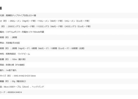 GENTOS　USB充電式LEDヘッドライト　CP-260RWG　#ウインターグレー