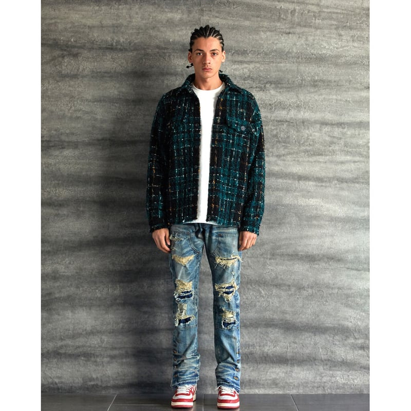 ジャケット・アウター MLVINCE CHECK TWEED SHIRTS green MLVINCE CHECK TWEED SHIRTS green