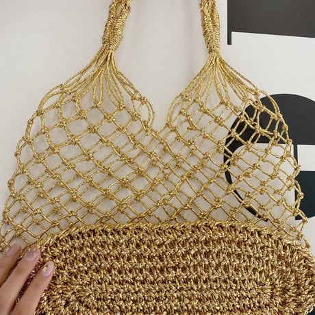 編みハンドバッグ（サテン巾着袋付）シルバー/ゴールド