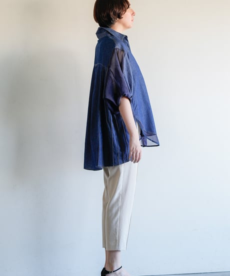 【Lallia Mu】2612646 バルーンハーフスリーブデニムシャツ