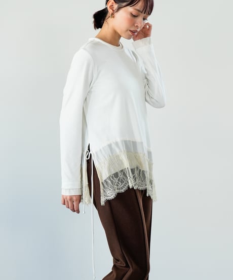 【Lallia Mu 26AW】2614503 レースヘムハイテンションカットソー