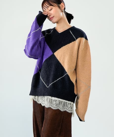 【Lallia Mu 26AW】2614436 アーガイルプルオーバーニット