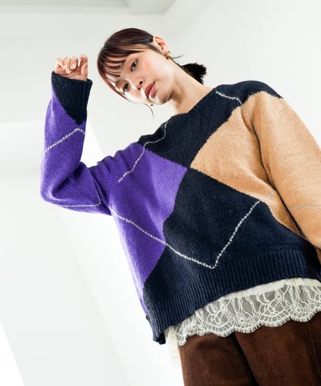 【Lallia Mu 26AW】2614436 アーガイルプルオーバーニット