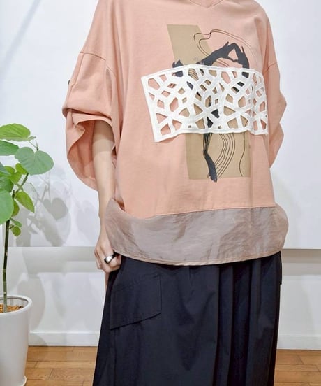 【Lallia Mu】 2612501 レースドッキングプリントTシャツ
