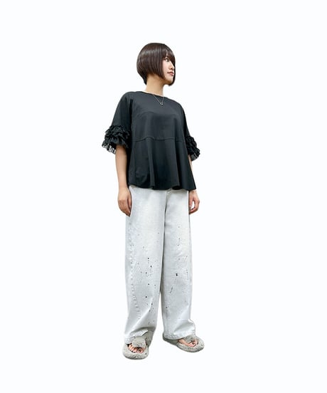 【ayane 26AW】  836626　(レギュラー丈)グレイッシュデニムバレルレッグパンツ　ペイント