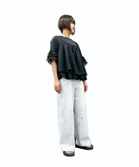 【ayane 26AW】  836626　(レギュラー丈)グレイッシュデニムバレルレッグパンツ　ペイント