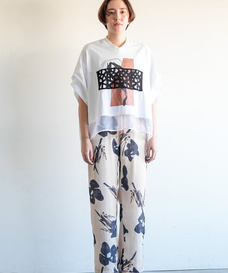 【Lallia Mu】 2612501 レースドッキングプリントTシャツ