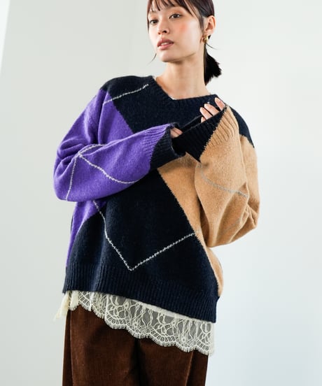 【Lallia Mu 26AW】2614436 アーガイルプルオーバーニット