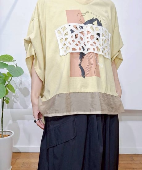 【Lallia Mu】 2612501 レースドッキングプリントTシャツ