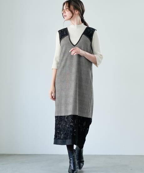 【Lallia Mu 26AW】2614382 ベロアレースドッキングドレス