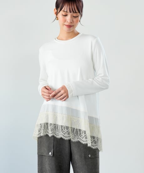【Lallia Mu 26AW】2614503 レースヘムハイテンションカットソー