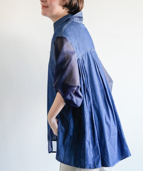 【Lallia Mu】2612646 バルーンハーフスリーブデニムシャツ