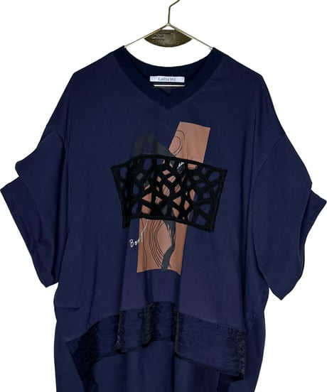 【Lallia Mu】 2612501 レースドッキングプリントTシャツ