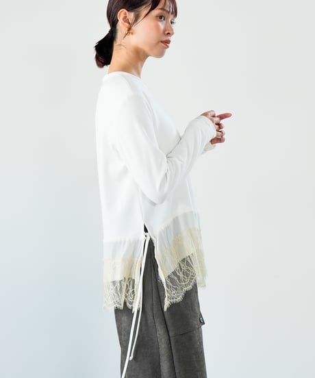 【Lallia Mu 26AW】2614503 レースヘムハイテンションカットソー