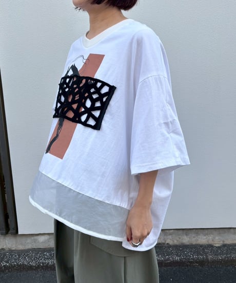 【Lallia Mu】 2612501 レースドッキングプリントTシャツ