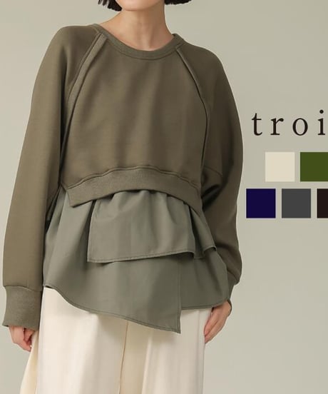 【trois】T246-82066 ダンボール×ブロード 裾ギャザー 切替 プルオーバー